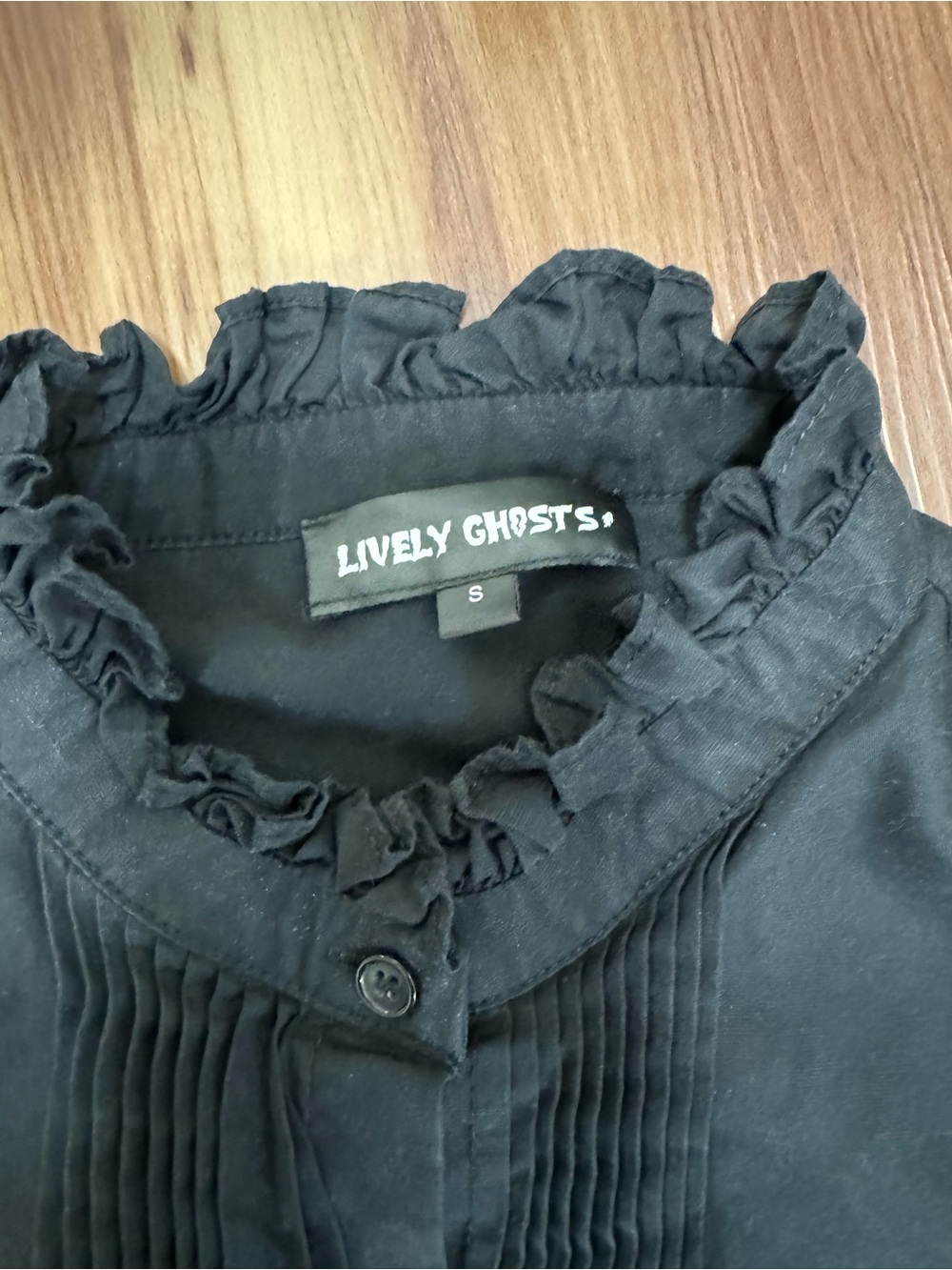 Black Ruffle-Neck Pintuck Button Front Blouse - Picture 7 of 8